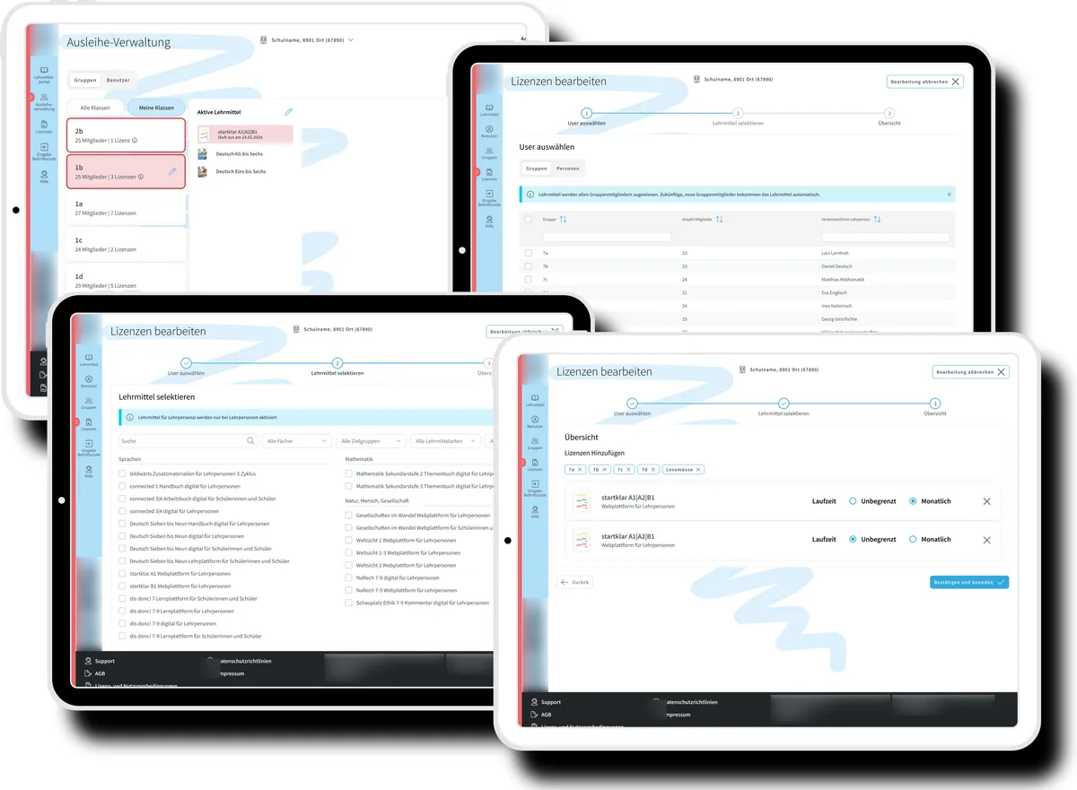 Tablet views of a lending platform for digital teaching materials